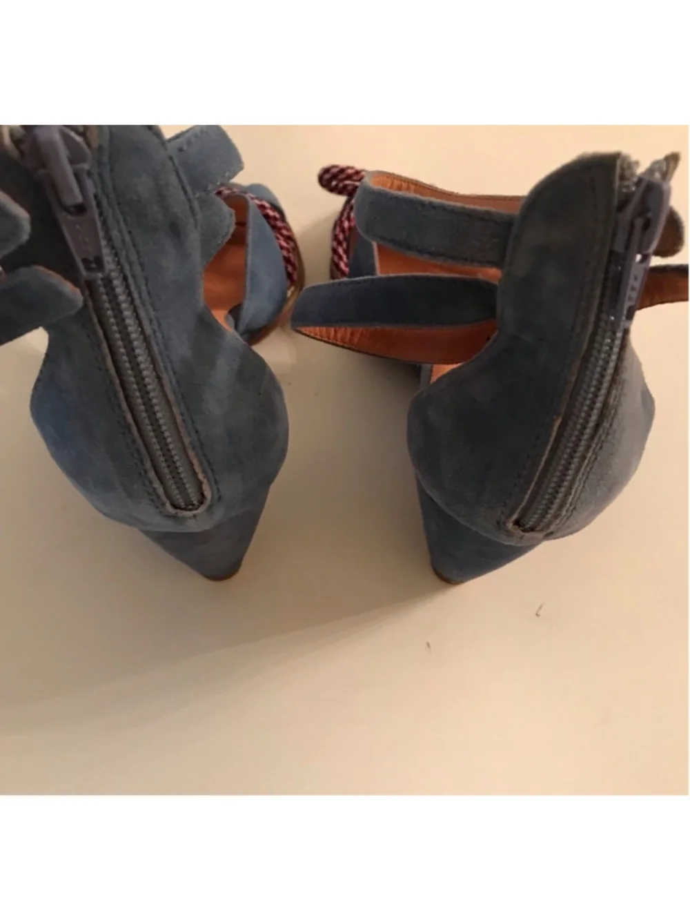 Sachelle Blue Suede Wedge Sandals Rope Bow Ankle Strap Zip Back Women’s Size 9.5